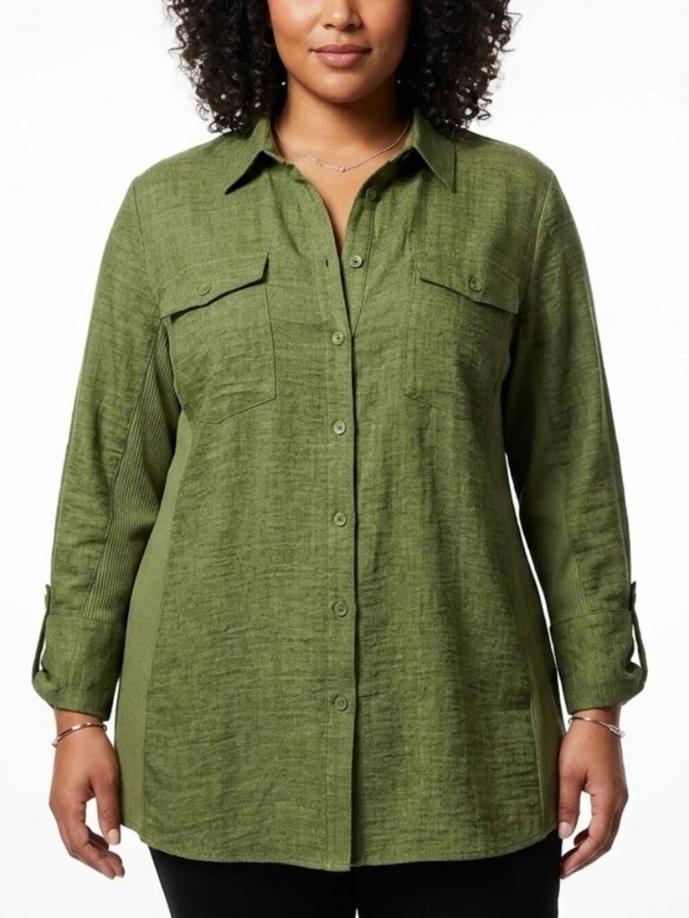 Ci Sono Gorpcore Utility Button Down Green Roll Tab 2X